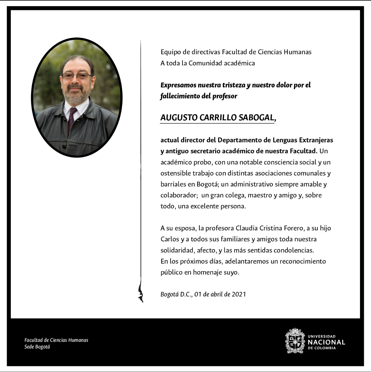 Condolencias por el fallecimiento del Profesor Augusto Carrillo Sabogal