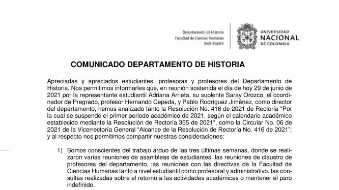 Comunicado del Departamento de Historia