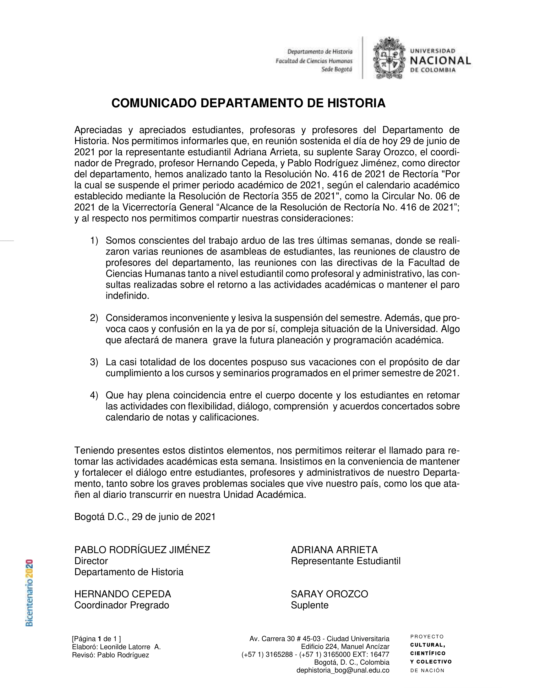 Comunicado del Departamento de Historia