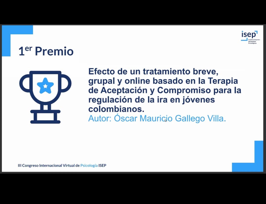 El profesor Mauricio Gallego obtuvo el primer premio en el III Congreso Internacional Virtual de Psicología del Instituto Superior de Estudios Psicológicos, ISEP