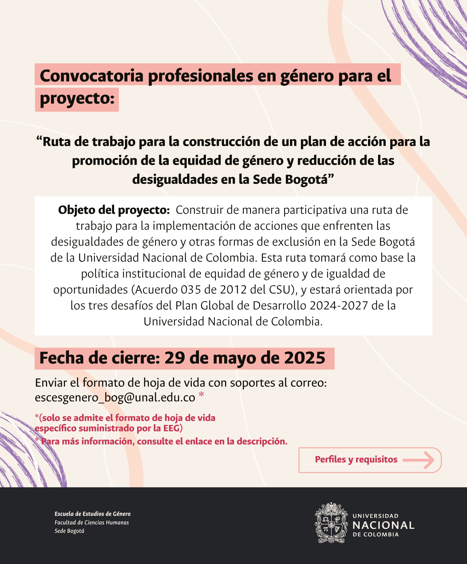 Convocatoria profesionales en género para el proyecto “Ruta de trabajo para la construcción de un plan de acción para la promoción de la equidad de género y reducción de las desigualdades en la Sede Bogotá”